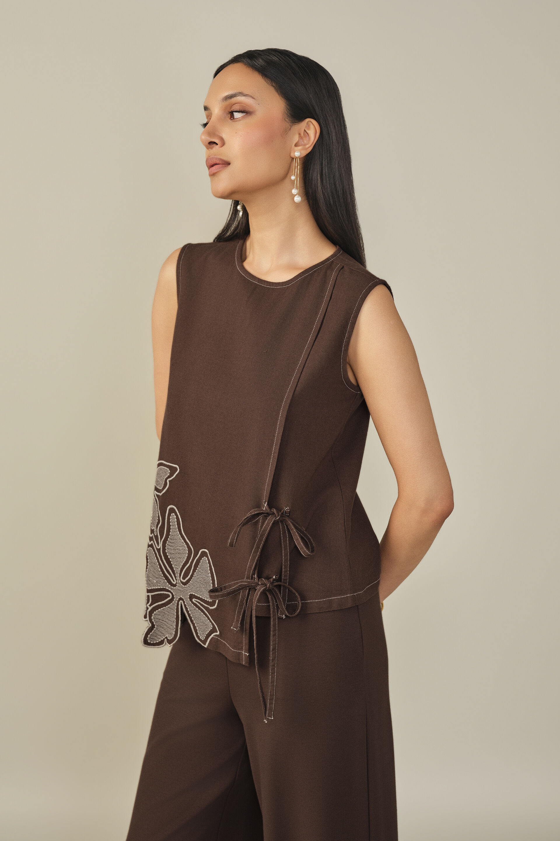 Floral Embroidered Tie-up Top in Brown, Brown, image 4